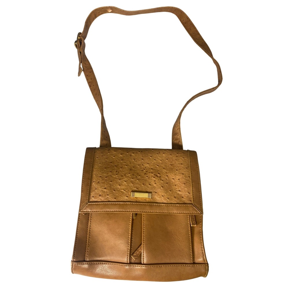 Vintage Brown Faux Ostrich Embossed Top Handle Handbag Structured Purse Gold Bar
